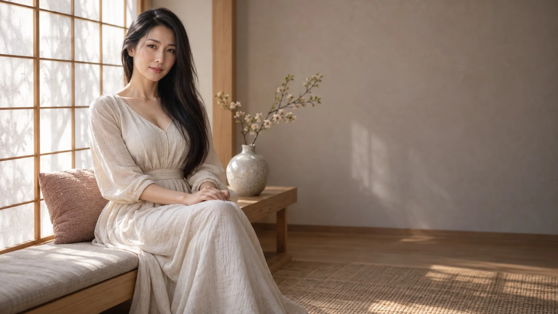 Realistic silicone doll in an ivory linen dress seated by a paper-screen window